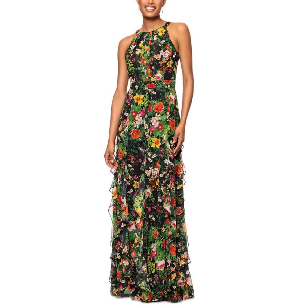 Betsy & Adam Womens Petite Floral-Print Ruffled Halter Gown 6 Black/Red NWT $279